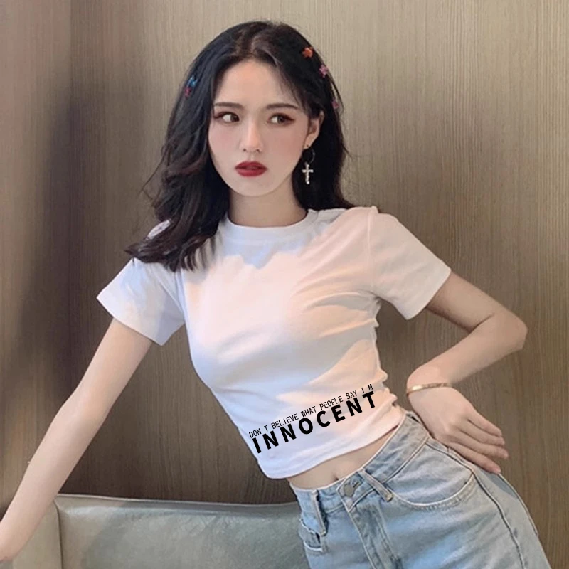 字母新款2025设计感显瘦短款t恤女短袖露脐修身高腰爵士舞上衣ins