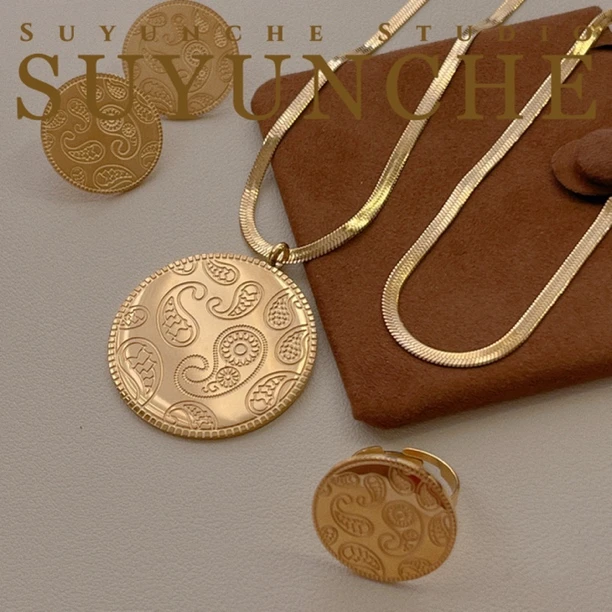 钛钢项链 Suyunche2834新款民族风复古圆牌双层项链三件套