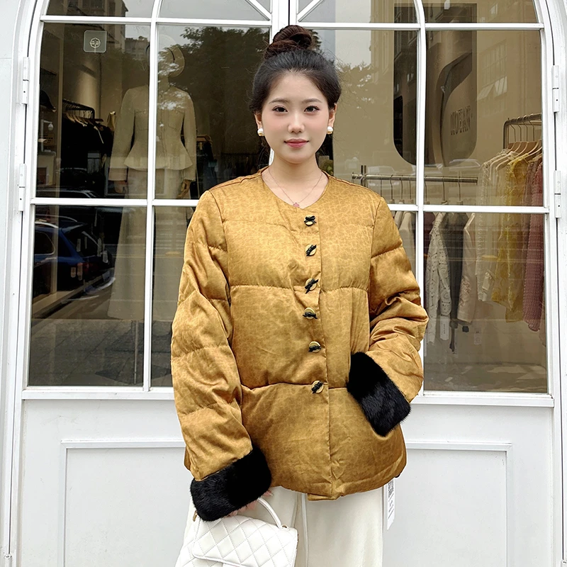 南油高货 冬季新款设计师款 新中式提花进口水貂毛白鹅绒服外套