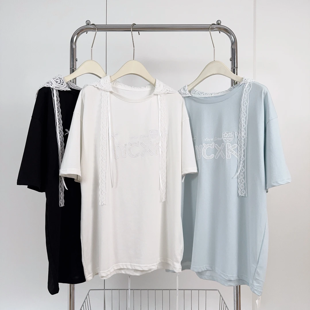 【夏日新宠】连帽蕾丝飘带字母刺绣重工棉质短袖T恤宽松显瘦韩系tee