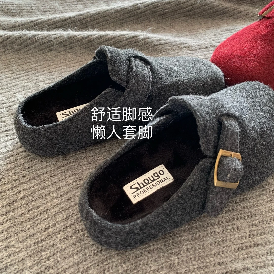 乌木灰~INS高级感灰色雪地勃肯鞋女2025冬韩版赫本风毛呢半拖棉鞋