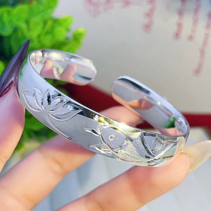 七度银饰 足银手镯 莲年有鱼光面开口手镯手镯简约中式设计可调节