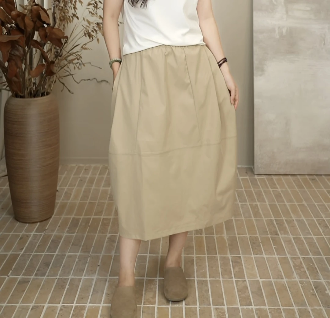 日式简约宽松中长款花苞裙女 2025年夏季显瘦遮肉廓形休闲半身裙