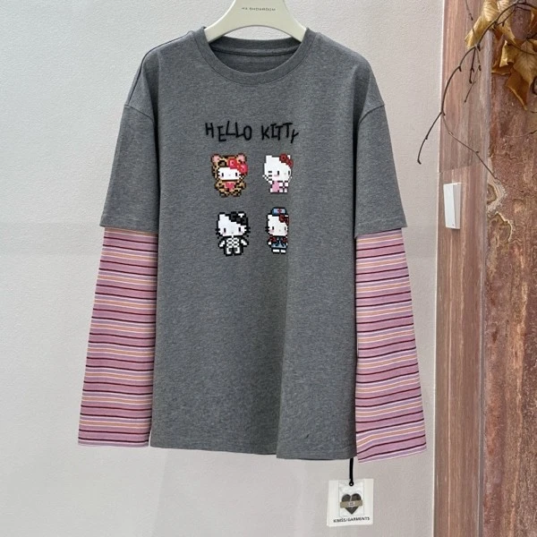 淘小站 Hello kitty 宽松款 圆领假两件衬衫长袖T