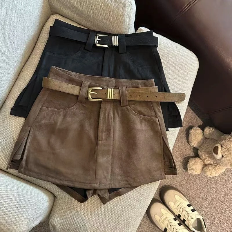 复古咖色鹿皮绒开叉半身裙秋冬新款辣妹高腰显瘦短裙百搭A字裤裙