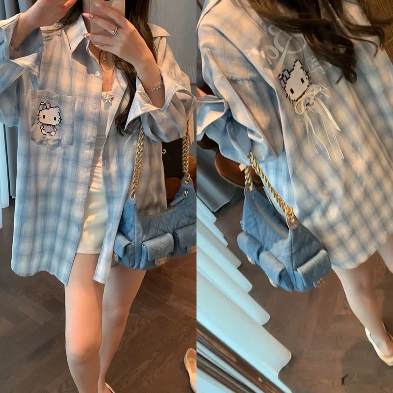 【现货】海盐特调口袋印花猫咪浅蓝衬衫女甜美减龄长袖防晒春夏宽松