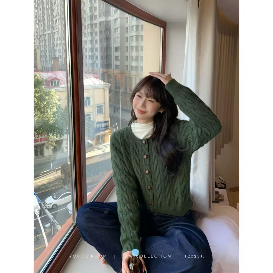 YOMI小个子【温柔姐系】拉夫风麻花编织中古风针织开衫毛衣长袖女