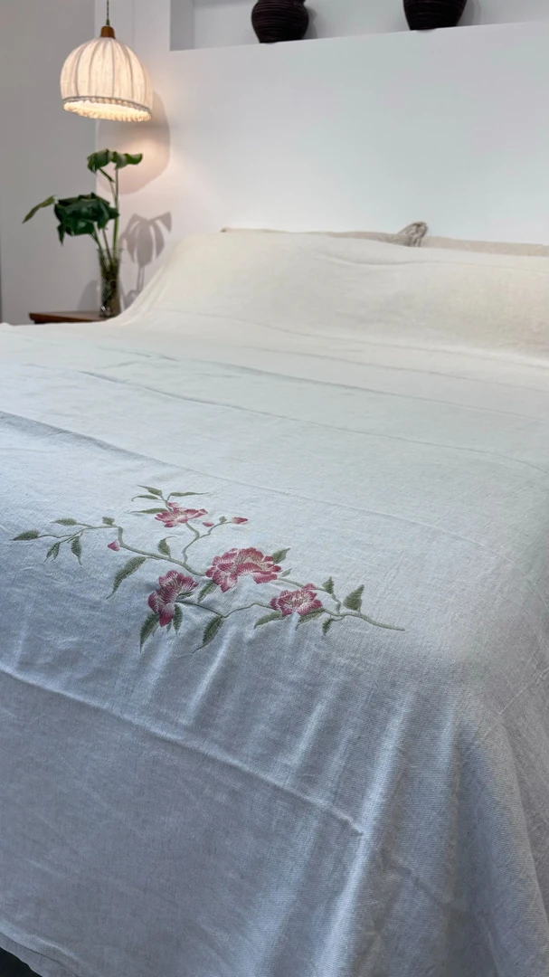 麻小屋-【花梦】汉麻刺绣款床单盖毯/被套/枕套