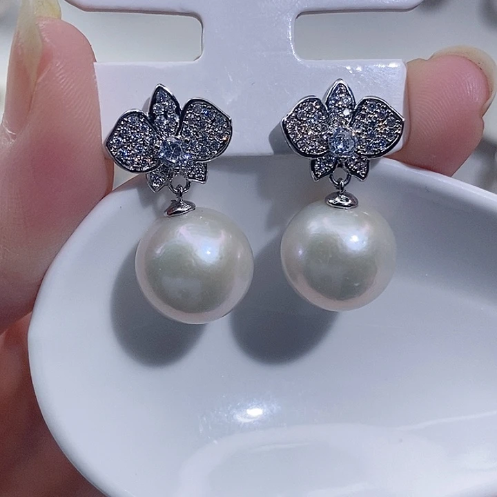 淡水珍珠银S925镶嵌耳饰12+A