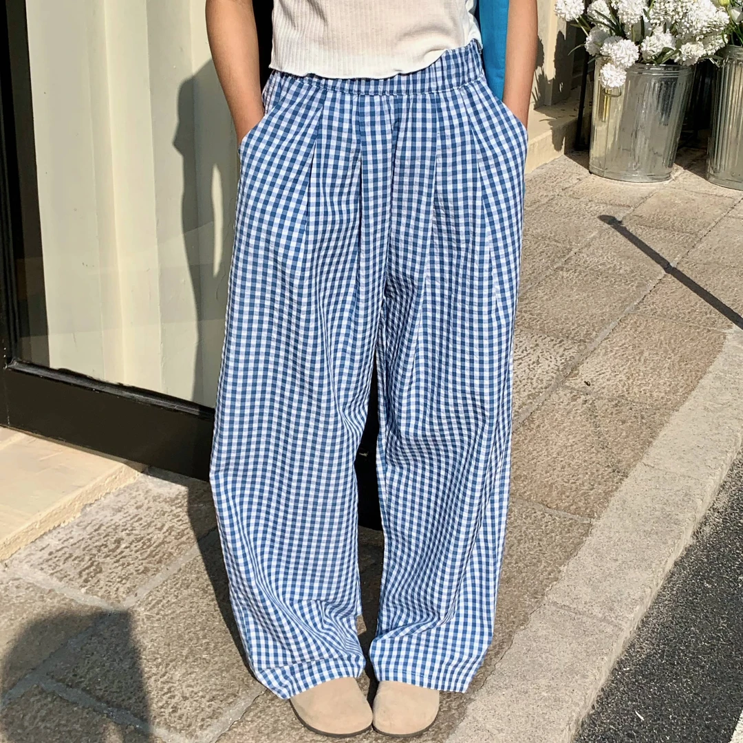 2025春新款韩版复古宽松百搭垂感格子裤高腰裤休闲直筒阔腿裤