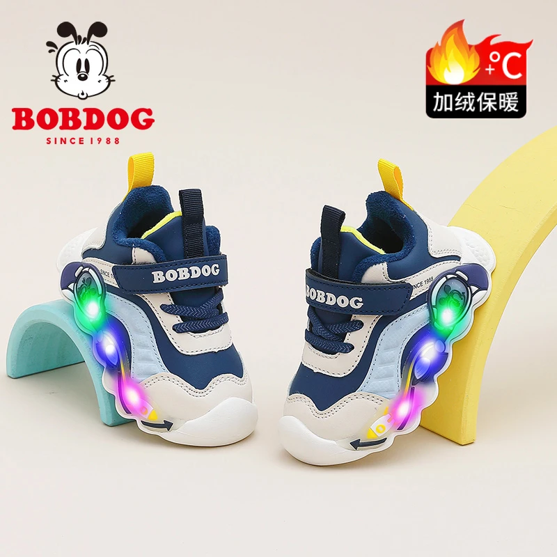 巴布豆童鞋儿童发光鞋加绒加厚冬季新款男宝二棉鞋男童亮灯学步鞋