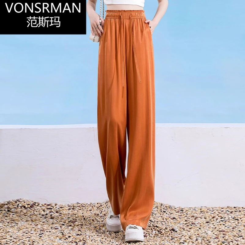 铜氨丝阔腿裤女夏季薄款2025新款高腰垂感拖地裤松紧腰直筒休闲裤