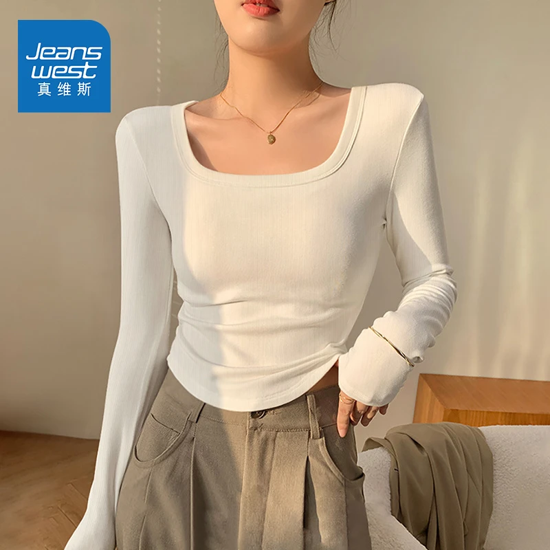 真维斯白色方领抽褶打底衫女2025新款秋季小个子收腰内搭显瘦上衣