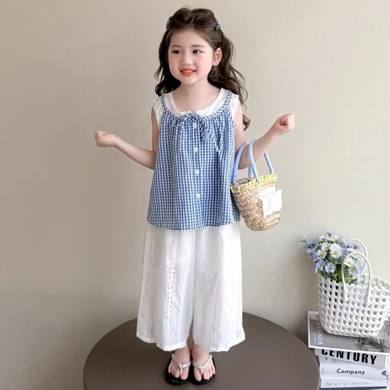 女童夏装气质套装2025新款儿童格纹小女孩夏季薄款娃娃衫韩版潮装