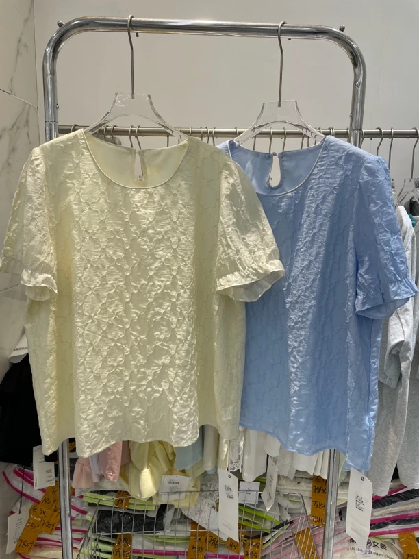 2351夏季女士肌理感泡泡袖设计感休闲简约显瘦短袖衬衫