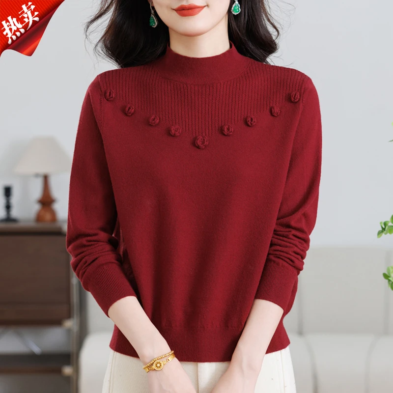 【原版正品】羊毛衫女秋冬新款设计感提花红色洋气半高领针织打底衫