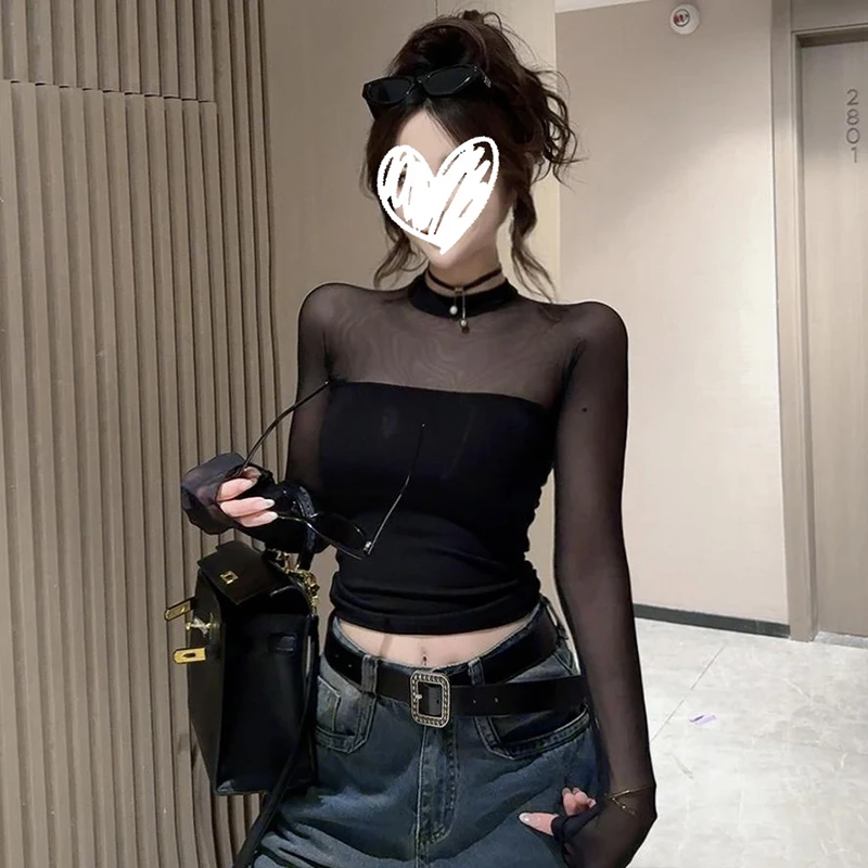 辣妹性感透视网纱拼接长袖T恤女秋冬修身显瘦内搭打底衫黑色上衣
