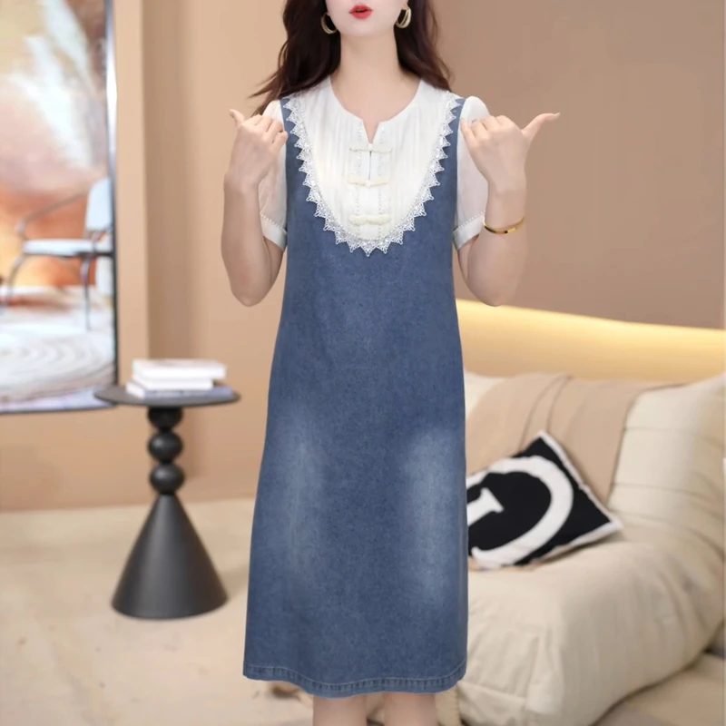 高端时尚拼接百搭牛仔连衣裙2025夏季新款修身显瘦减龄中长款裙子