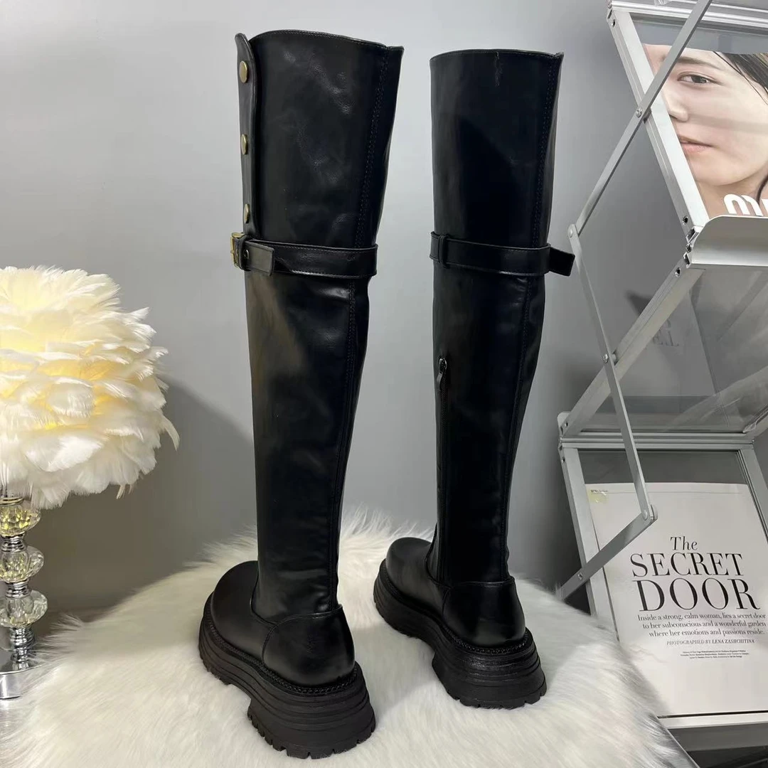 美拉德英伦百搭过膝小个子小腿粗靴子秋冬时装靴高筒靴厚底骑士靴