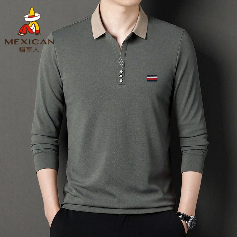 Mexican/稻草人长袖polo衫男春秋季商务休闲印花上衣宽松长袖t恤
