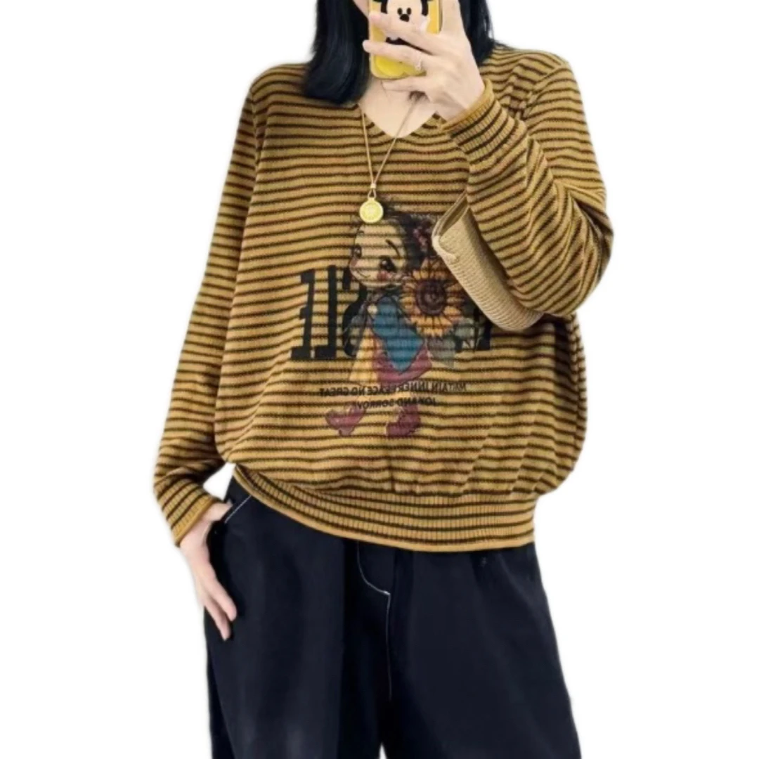 秋季新款时尚宽松百搭减龄条纹印花长袖针织衫