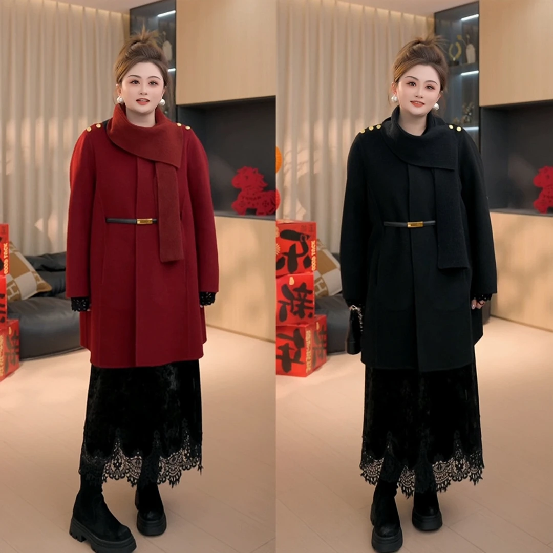 【胖佳佳】高智千金 双面呢大衣冬季气质针织拼接外套H625M21527