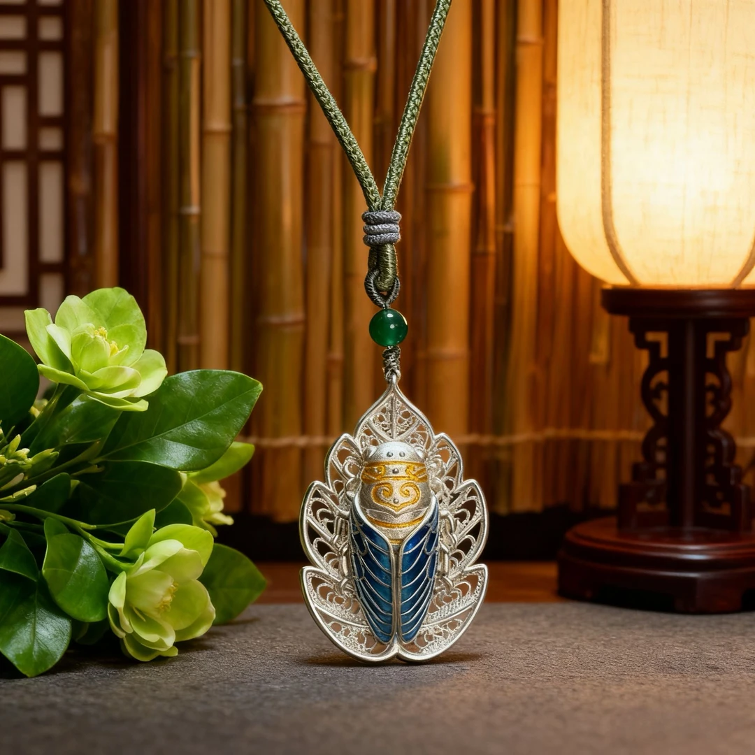 泰光银楼 吊坠足银珐琅 阿海设计金枝玉叶金蝉知了吊坠空窗珐琅彩