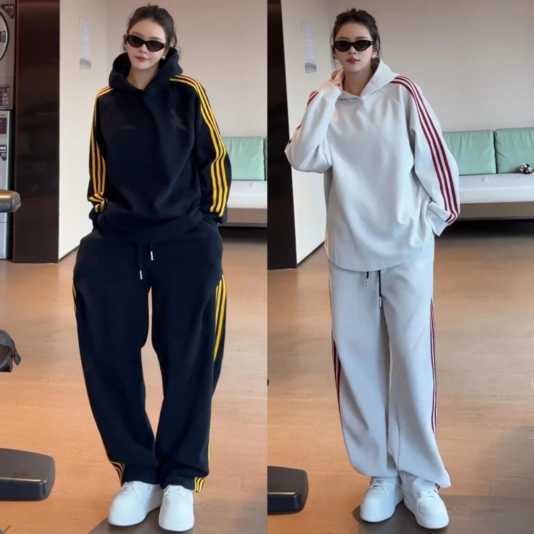 秋季新款时尚条纹休闲运动套装男潮流百搭连帽卫衣直筒卫裤两件套