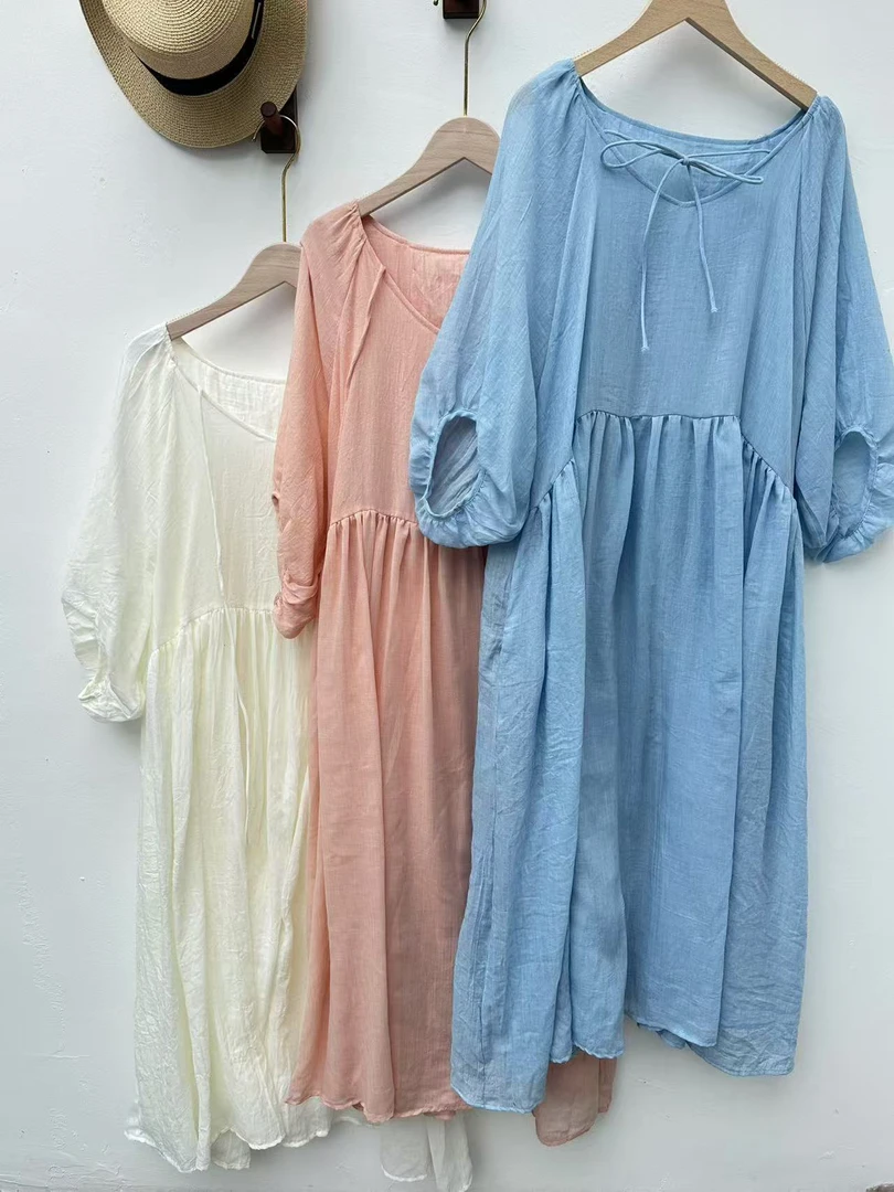 度假风宽松纯色插肩七分袖绑带仙女长裙