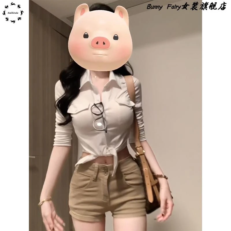 气质时尚减龄纯欲风辣妹衬衫女夏小众设计感性感衬衣收腰显瘦上衣