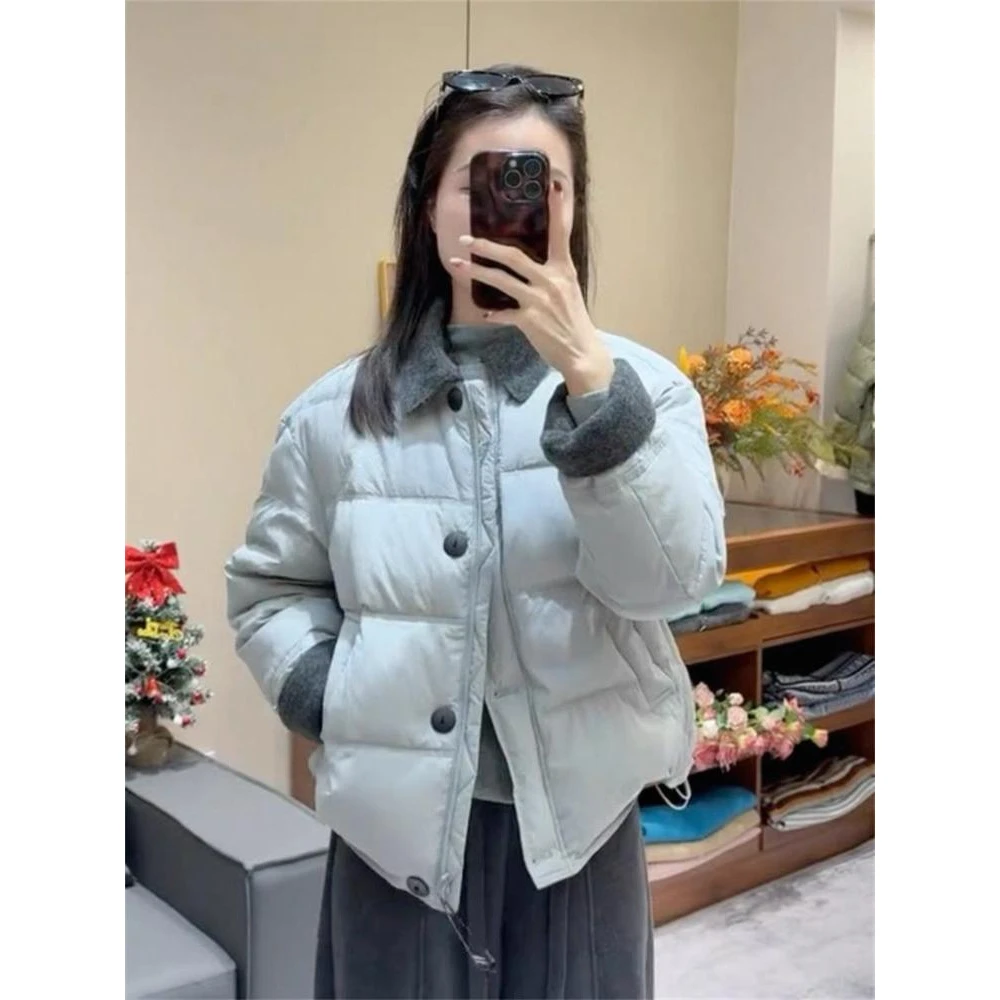 撞色拼接翻领棉服女2025冬季新款短款加厚保暖设计感小个子外套潮