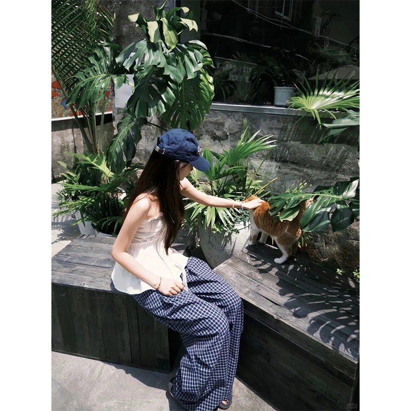 2025夏季时尚小众设计感无袖系带显瘦修身上衣松紧宽松阔腿长裤女