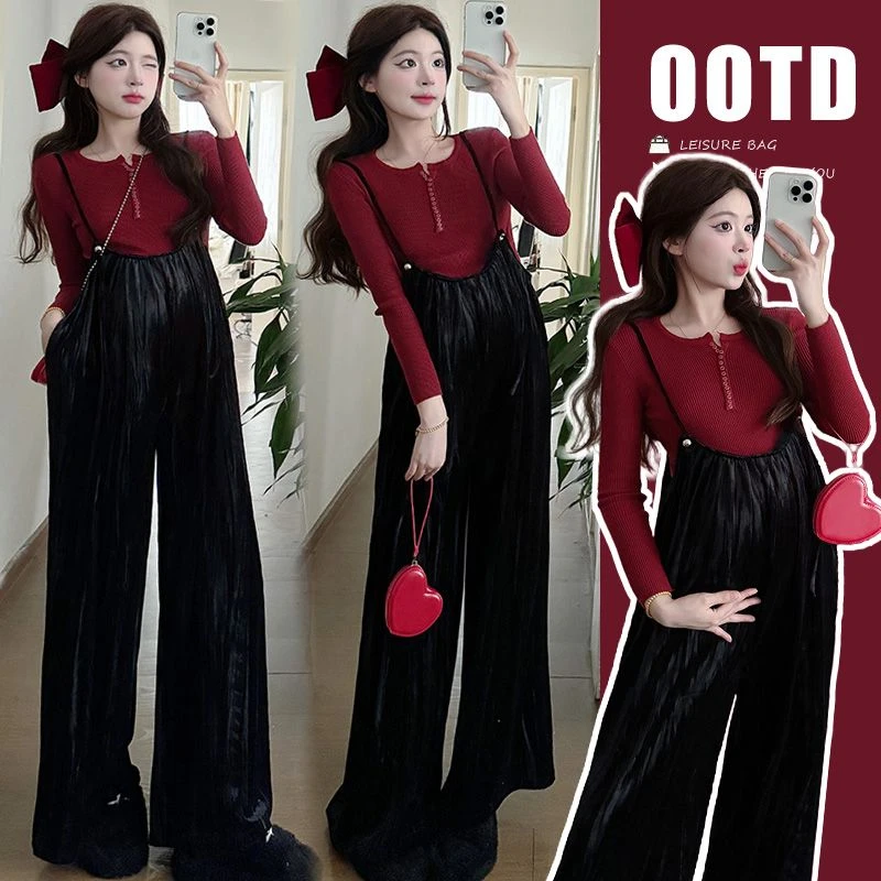 孕妇套装春秋新款洋气时尚新年红色显瘦针织毛衣休闲丝绒背带裤子