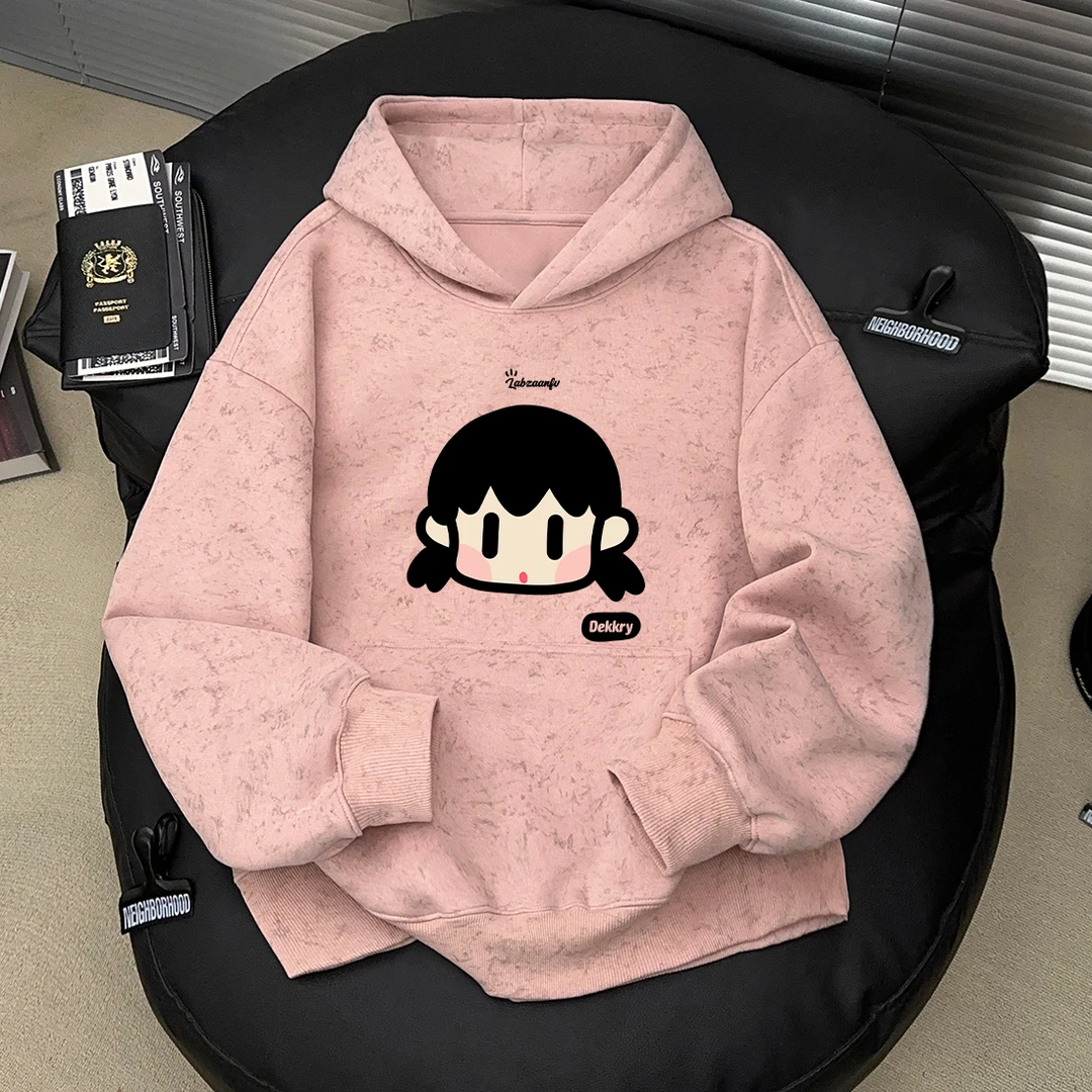 美式休闲秋冬季男女连帽套头上衣简约小女孩印花蜡染宽松百搭卫衣