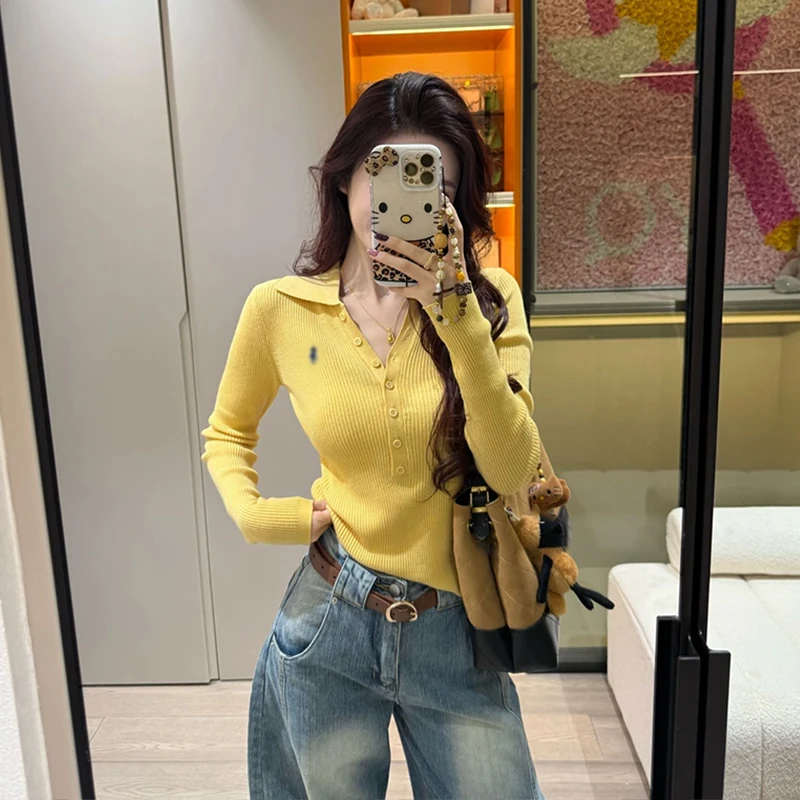 设计感排扣翻领小马刺绣长袖毛针织衫女秋季修身显瘦百搭打底上衣