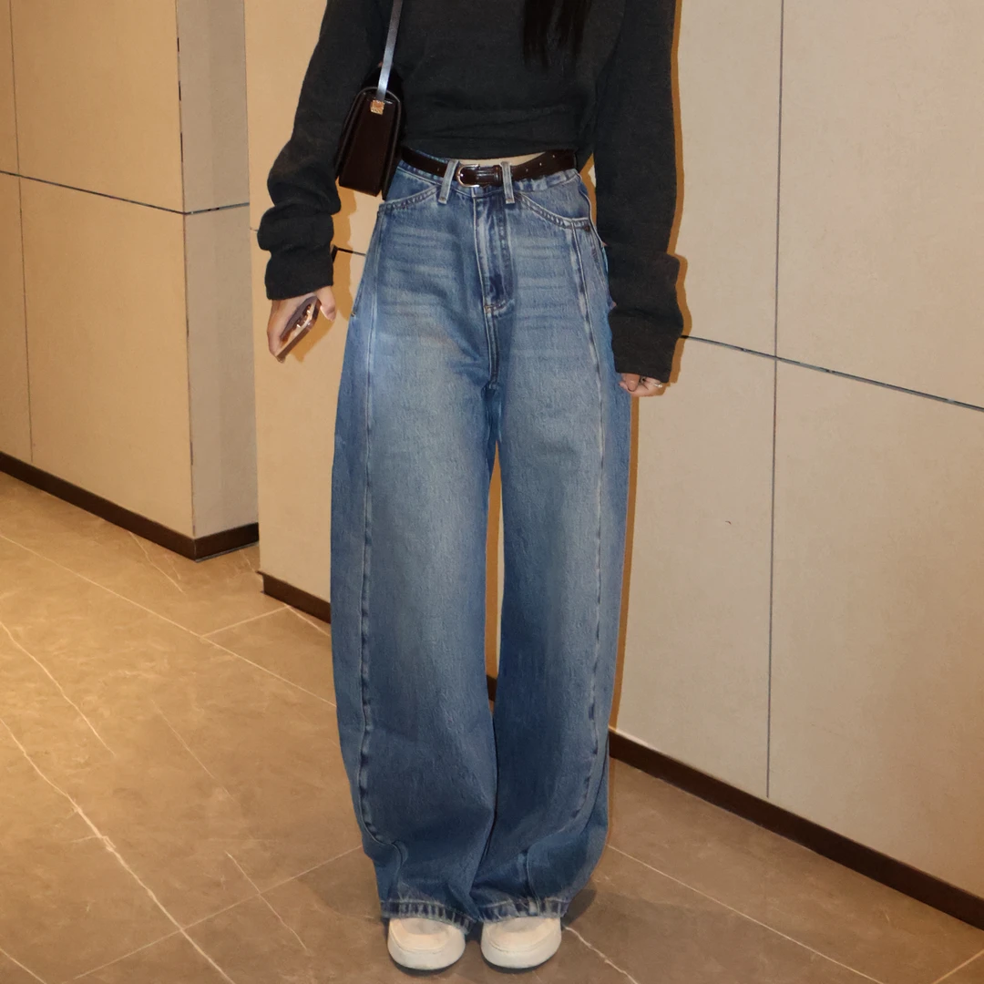 秋季新款百搭显瘦弯刀阔腿牛仔裤
