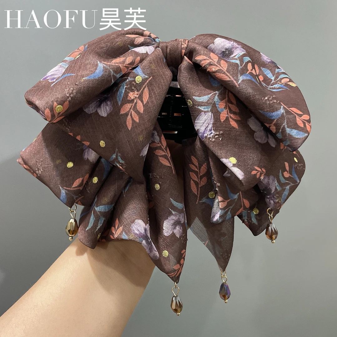 高档蓬松咖色碎花发夹千金风时尚气质蝴蝶结扎发抓夹盘发发卡发饰