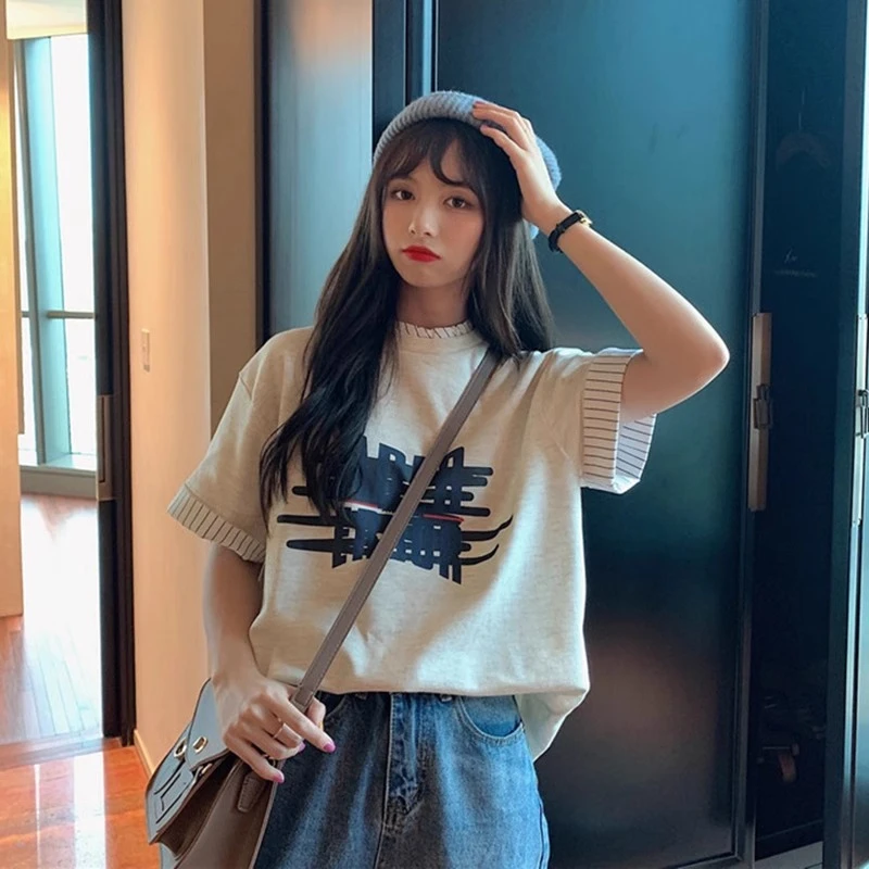 韩版假两件印花灰色T恤女短袖潮牌夏季2025新款设计感小众上衣