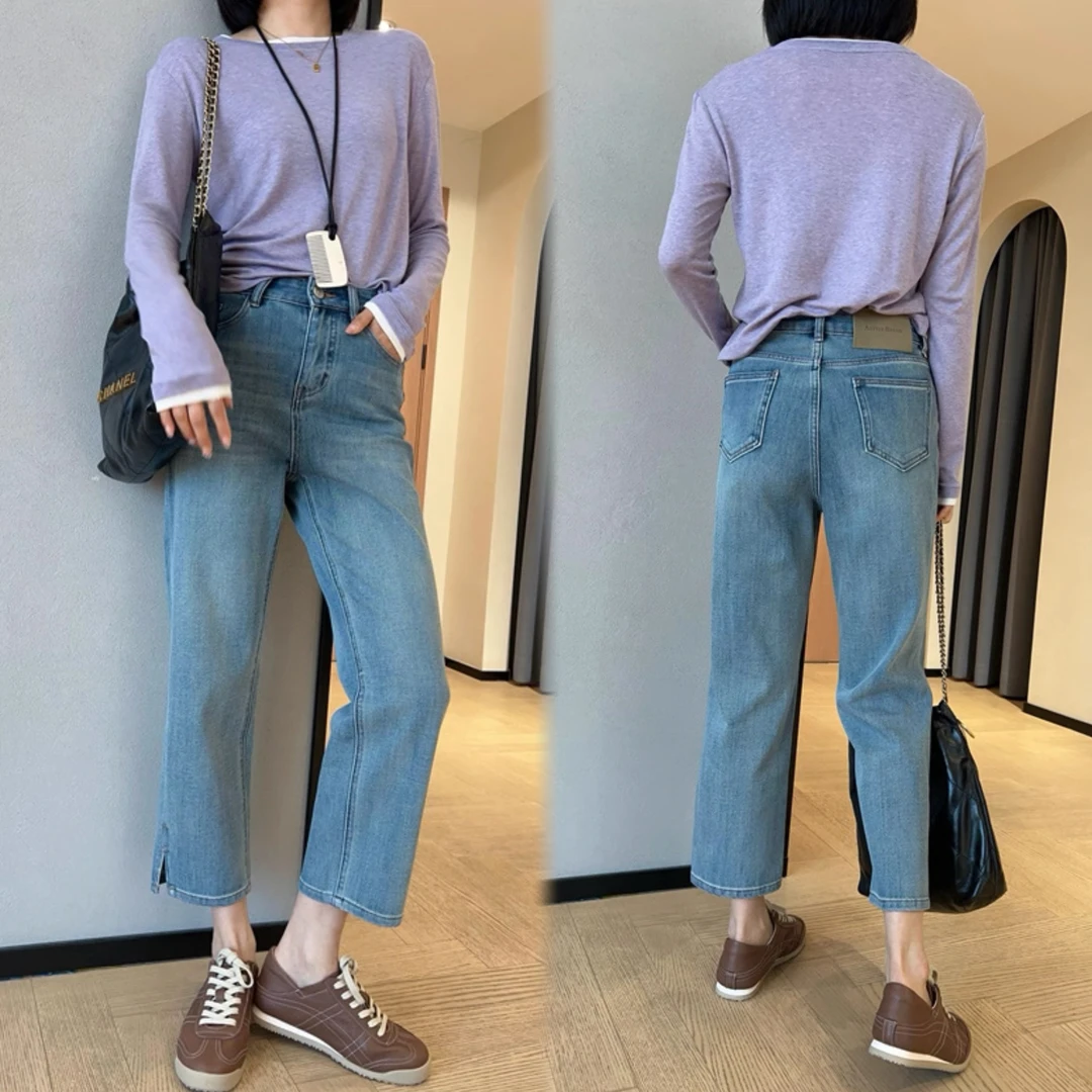 蓝色直筒弹力牛仔裤女秋季新款胖妹妹梨型身材裤子高腰显瘦烟管裤