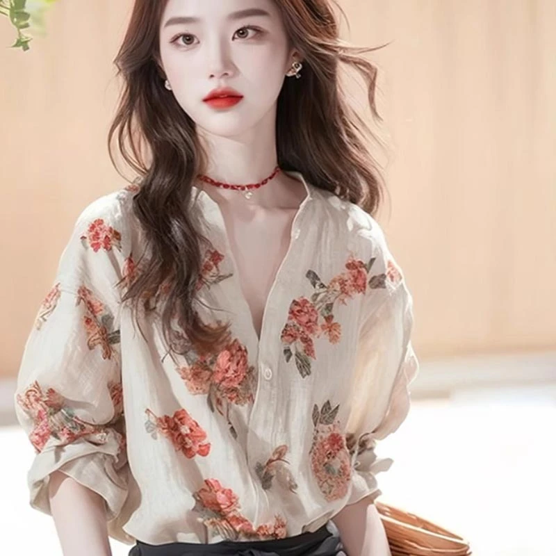 法式气质印花长袖衬衫女新款设计感小众春秋独特别致宽松绝美上衣