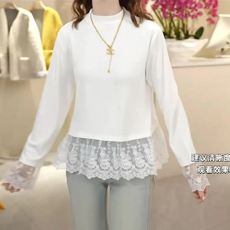 设计感洋气蕾丝拼接长袖T恤女大码2025年新款早春叠穿内搭打底衫