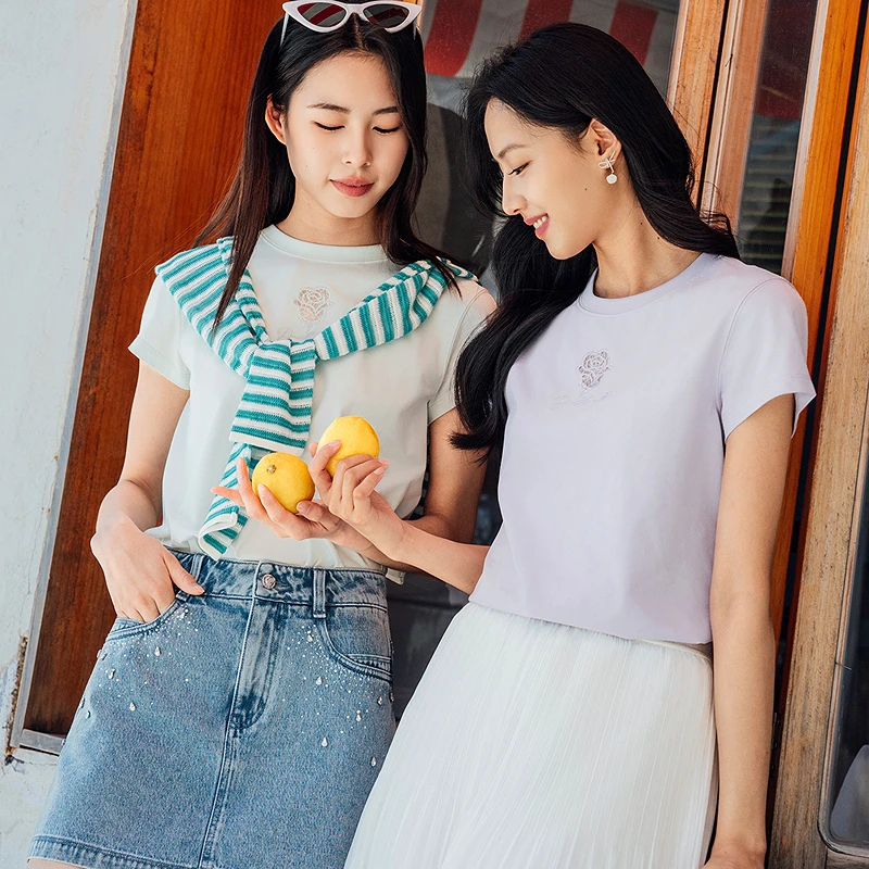 多巴胺瘦瘦T简约白色刺绣T恤女圆领收腰DOUBLOVE贝爱25夏季
