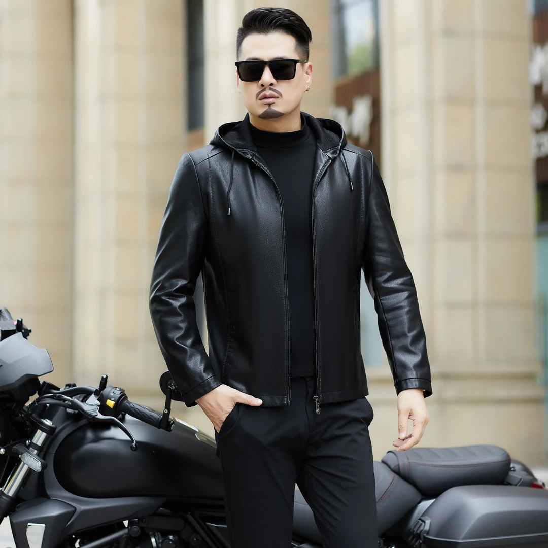 [海宁优选]男士海宁真皮头层山羊连帽高档商务休闲中老年真皮皮衣