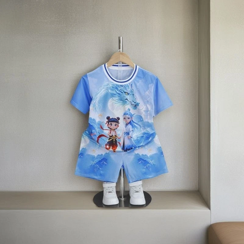 2025新款夏季儿童哪吒冰丝速干套装夏装短袖儿短裤童男童两件套