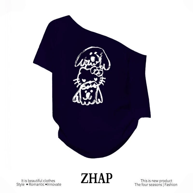 【ZHAP】夏季新款一字肩宽松短袖t恤女藏青色遮肉显瘦百搭印花上衣