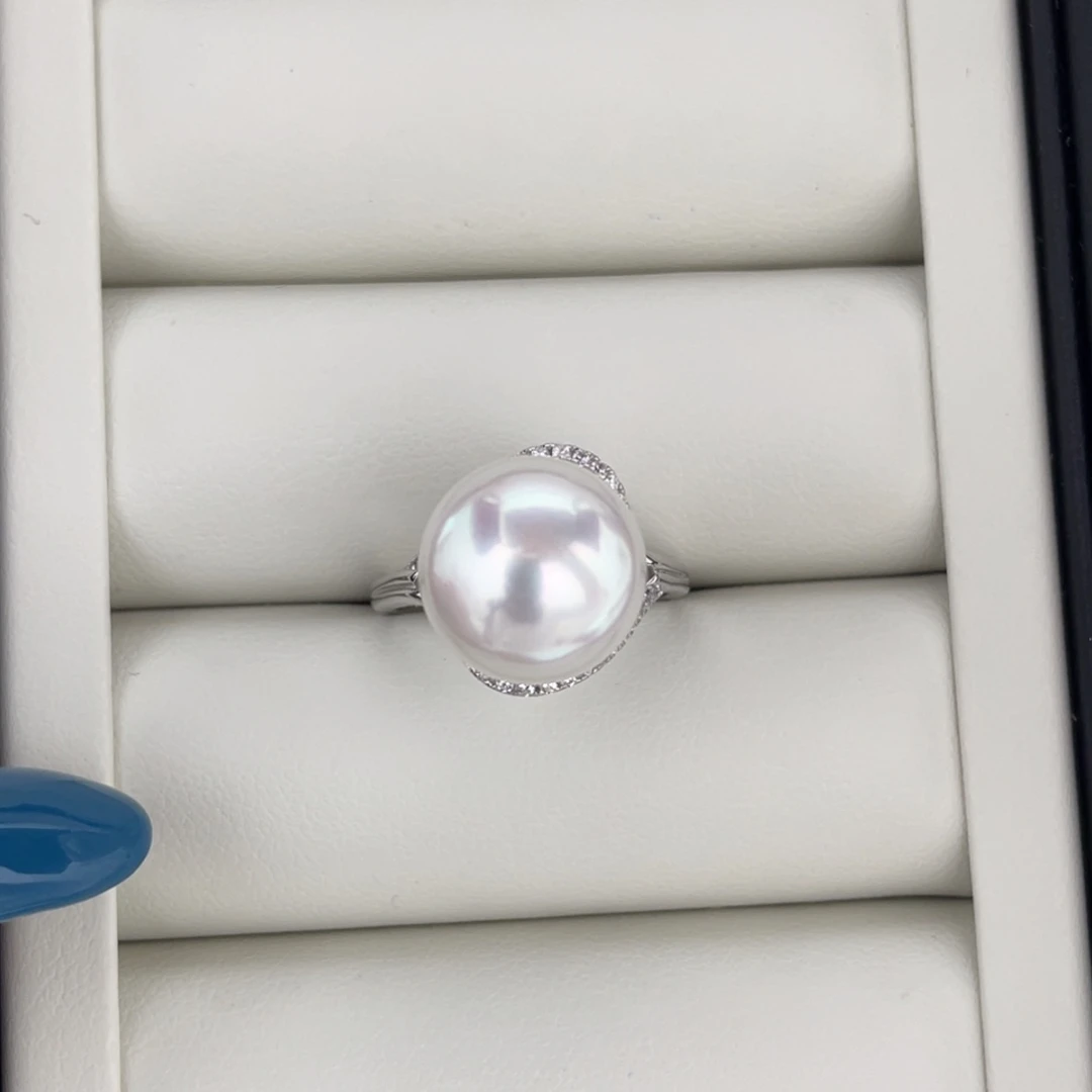 定制海水珍珠18K金镶嵌戒指/指环12.9冷蓝伴彩海水澳白珍珠戒指美