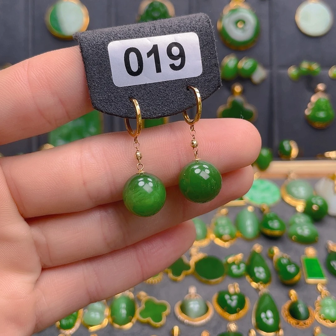 和田玉（碧玉）18K金镶嵌耳饰019