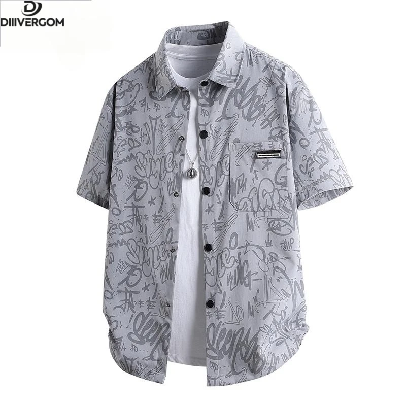2025新款涂鸦短袖衬衫男夏季大码上衣ins潮流衬衣日系外套衬衫T恤