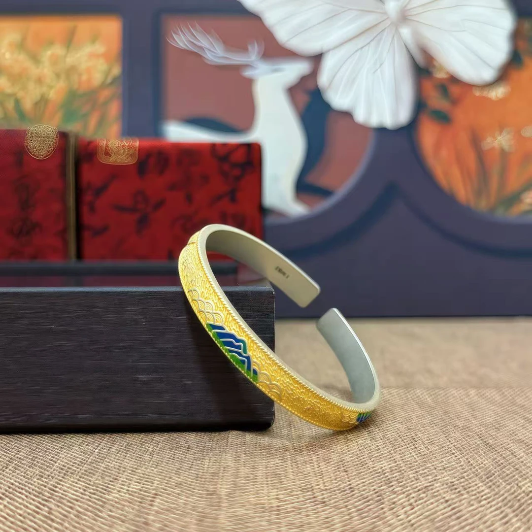 足银手镯 足银999.9[6号]万里山河珐琅描金实心