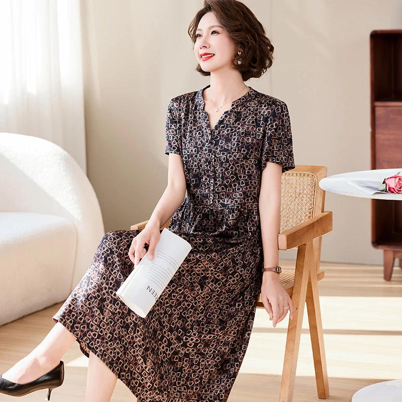 夏季碎花中长裙法式桑丝连衣裙收腰印花洋气裙子显瘦妈妈装